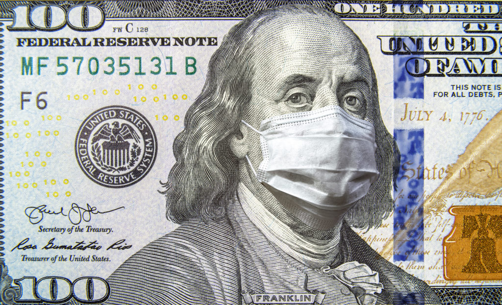 100 dollar bill with ben franklin wearing mask
