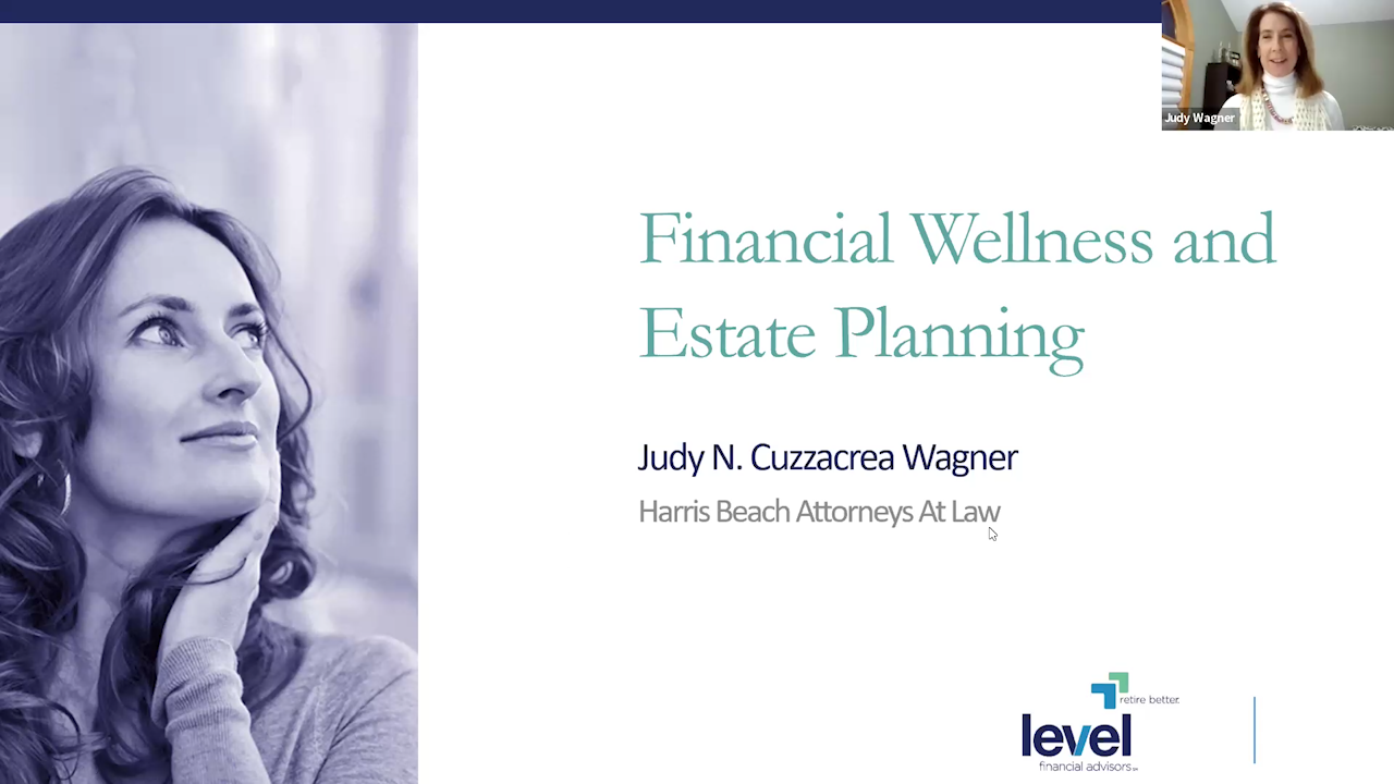 Image of first page of presentation on financial wellness and estate planning, including a photo of Judy Wagner of Harris Beach Attorneys at Law