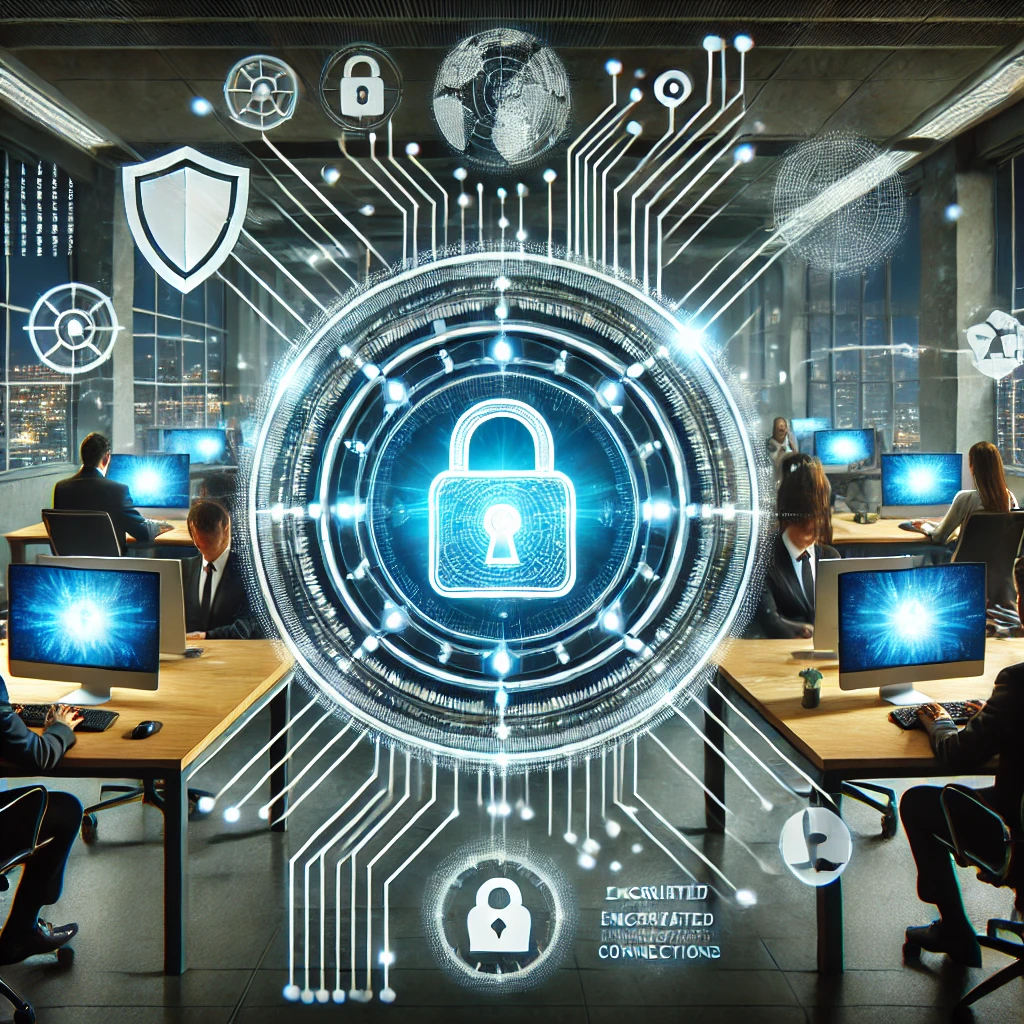 A-futuristic-digital-shield-with-a-glowing-lock-in-the-center-symbolizing-cybersecurity.-In-the-background-a-corporate-office-with-employees-working